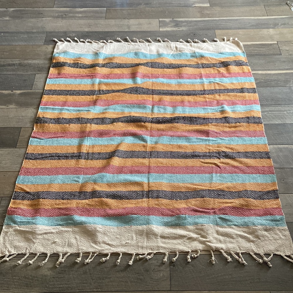 Jacinta Woven Pom Throw/blanket - Creme/Blue/Orange - Picture 7 of 10